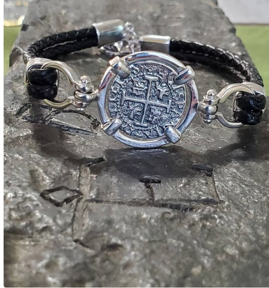 Atocha leather bracelet shipwreck treasure coin with shackles.