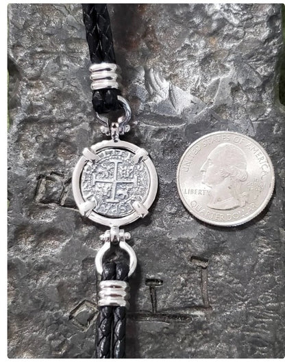 Atocha leather bracelet shipwreck treasure coin with shackles.