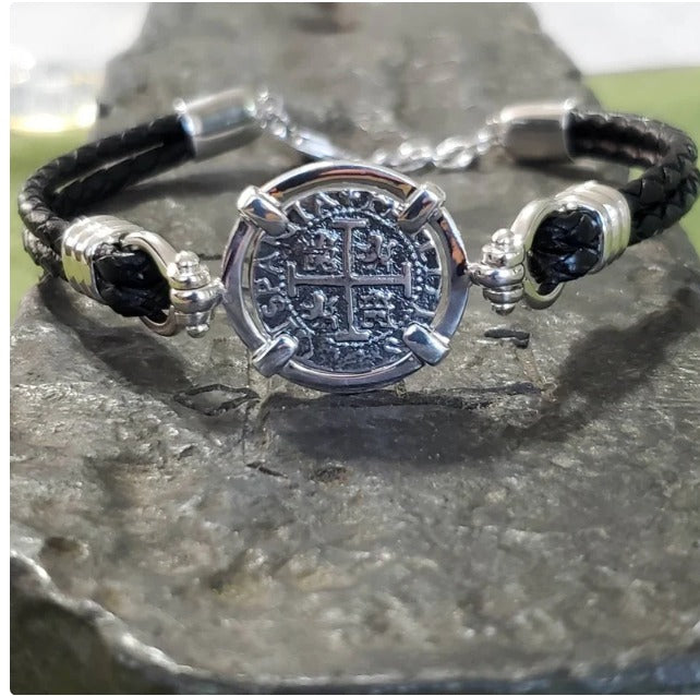 Atocha leather bracelet shipwreck treasure coin with shackles.