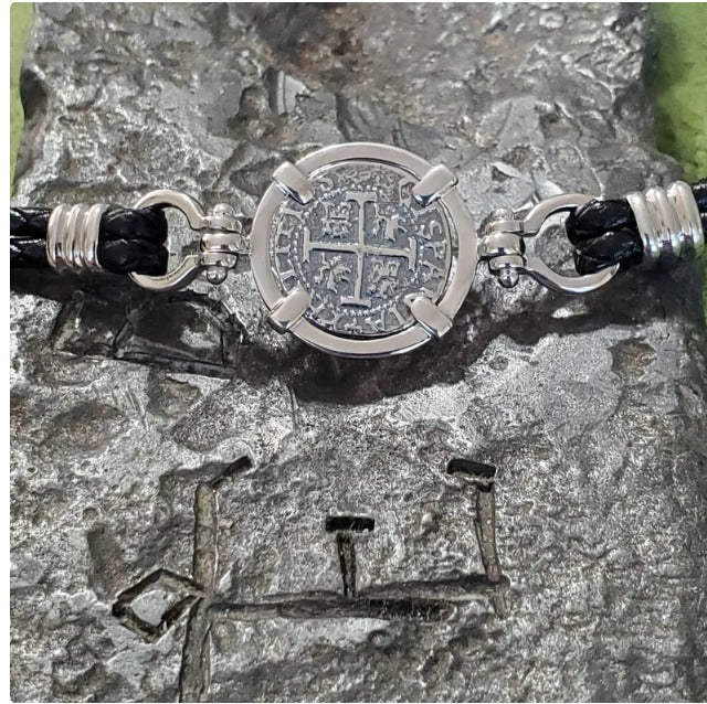 Atocha leather bracelet shipwreck treasure coin with shackles.