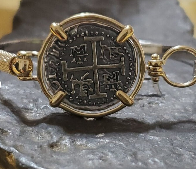 Atocha 14kt gold overlay and silver island hook bangle bracelet shipwreck treasure coin