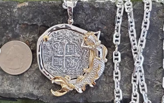 Large Atocha coin with sterling silver anchor chain.