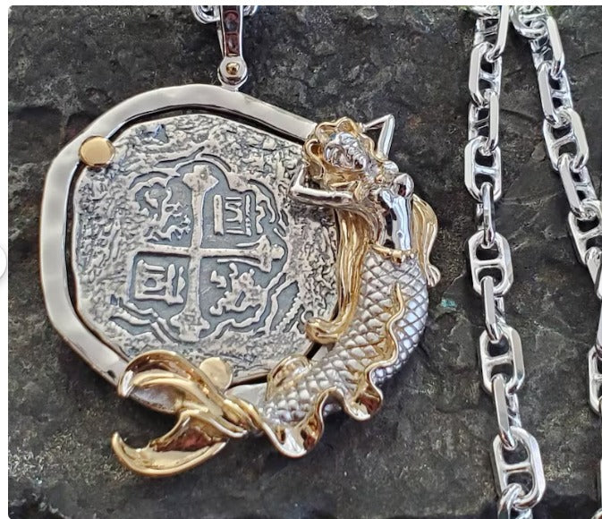 Large Atocha coin with sterling silver anchor chain.