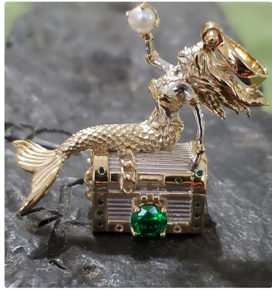 Gorgeous sterling silver and 14kt vermeil mermaid on treasure chest jewelry