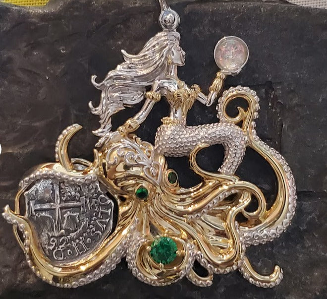 Princess Mermaid pendant with silver Atocha coin and octopus shipwreck treasure jewelry museum quality