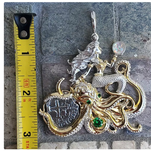 Princess Mermaid pendant with silver Atocha coin and octopus shipwreck treasure jewelry museum quality