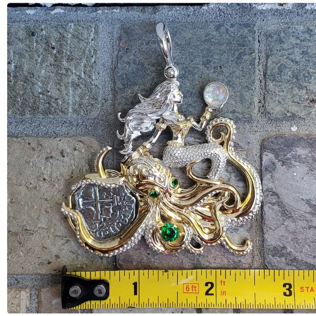 Princess Mermaid pendant with silver Atocha coin and octopus shipwreck treasure jewelry museum quality