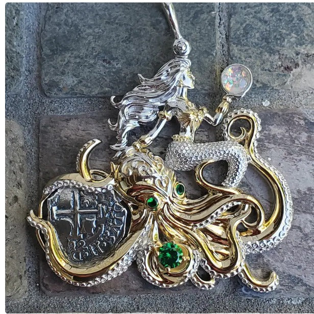 Princess Mermaid pendant with silver Atocha coin and octopus shipwreck treasure jewelry museum quality