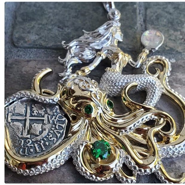 Princess Mermaid pendant with silver Atocha coin and octopus shipwreck treasure jewelry museum quality