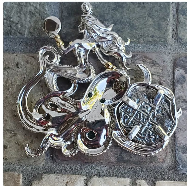 Princess Mermaid pendant with silver Atocha coin and octopus shipwreck treasure jewelry museum quality