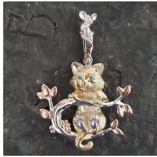 Sterling silver cat and mouse pendant kitten rose silver 14kt gold vermeil blue topaz gorgeous kitty pendant cat hanging from branch