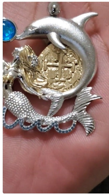 Atocha mermaid and dolphin coin with opal and blur topaz pendant shipwreck treasure jewelry museum quality