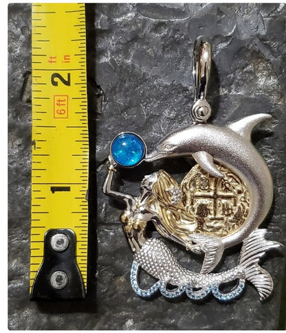 Atocha mermaid and dolphin coin with opal and blur topaz pendant shipwreck treasure jewelry museum quality