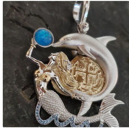 Atocha mermaid and dolphin coin with opal and blur topaz pendant shipwreck treasure jewelry museum quality