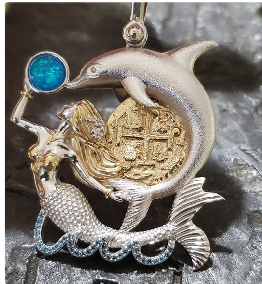 Atocha mermaid and dolphin coin with opal and blur topaz pendant shipwreck treasure jewelry museum quality