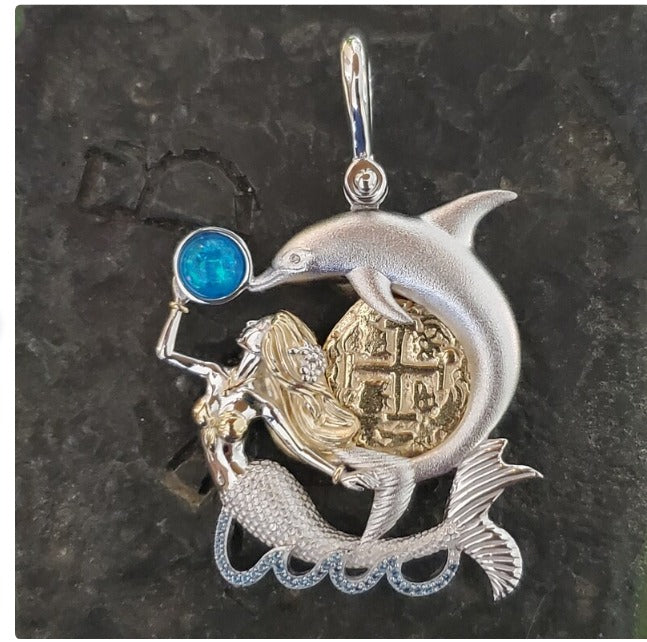 Atocha mermaid and dolphin coin with opal and blur topaz pendant shipwreck treasure jewelry museum quality