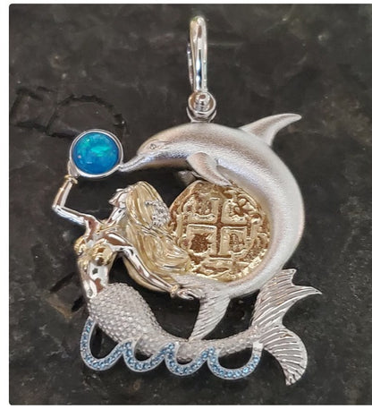 Atocha mermaid and dolphin coin with opal and blur topaz pendant shipwreck treasure jewelry museum quality