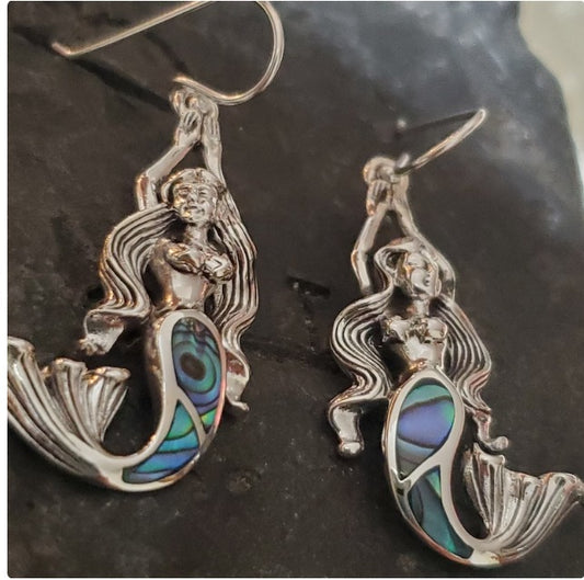 Sterling silver mermaid earrings with abalone shell inlay