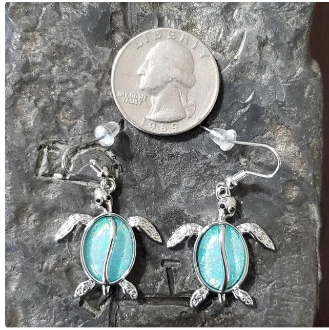 Turtle earrings dangle dichroic glass