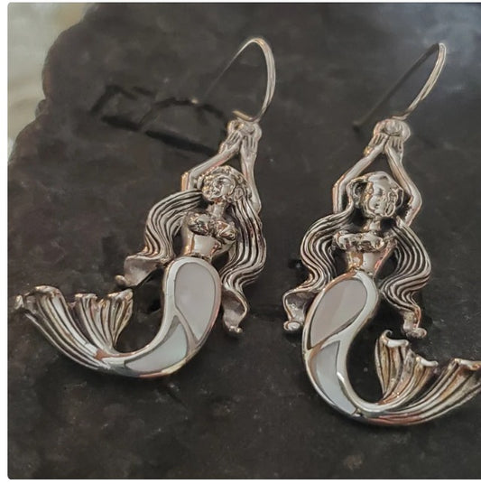 Sterling silver mermaid earrings with mother of pearl shell inlay
