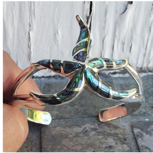 Sterling Silver Starfish cuff bangle with abalone inlay beachside ocean nautical