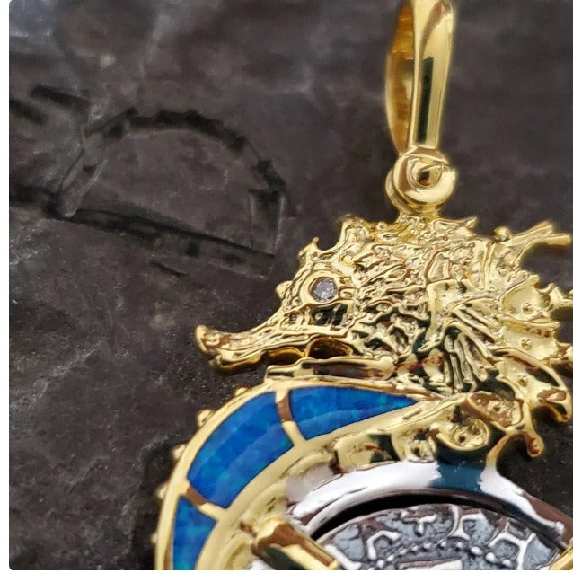 Atocha 14kt gold overlay seahorse opal pendant