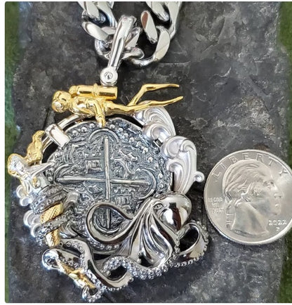 Atocha coin pendant limited edition octopus mermaid diver silver coin and chain