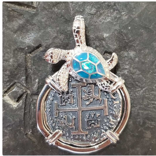 Atocha turtle coin shipwreck treasure pendant with opal inlay