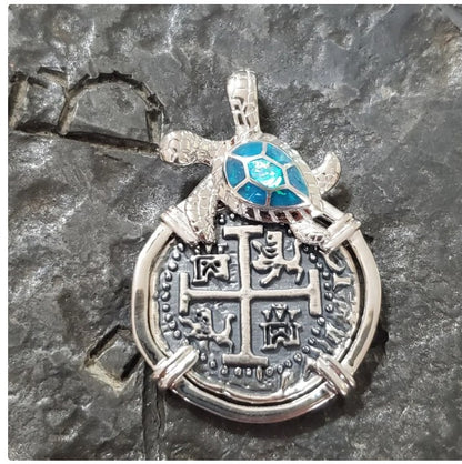 Atocha turtle coin shipwreck treasure pendant with opal inlay