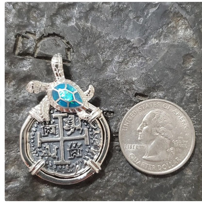 Atocha turtle coin shipwreck treasure pendant with opal inlay