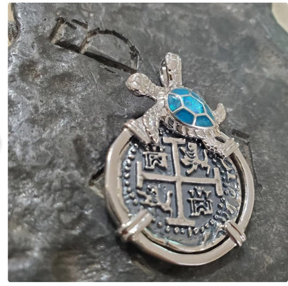 Atocha turtle coin shipwreck treasure pendant with opal inlay