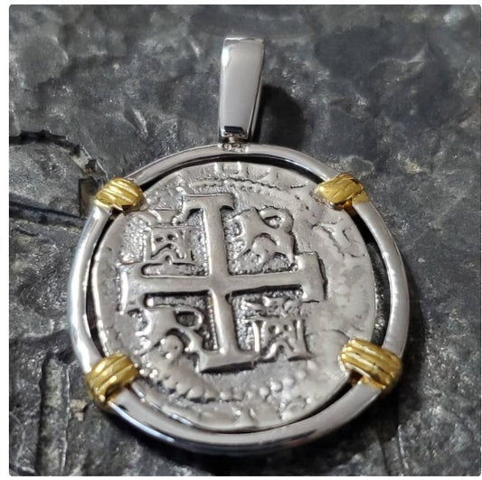 Atocha coin 14kt gold overlay prongs sunken treasure shipwreck coin two-tone pendant