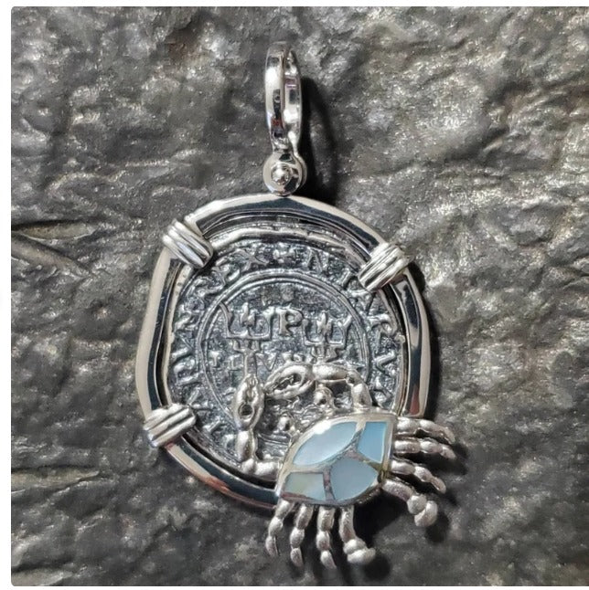 ATOCHA crab coin pendant with mother of pearl sunken treasure ship coin