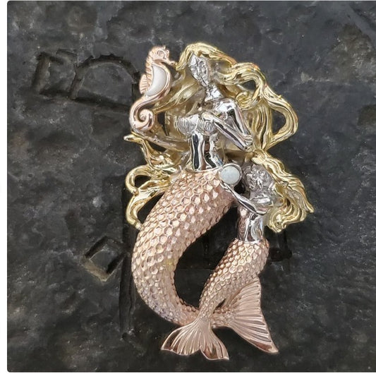 Gorgeous mermaid with baby mermaid and seahorse rose silver and sterling silver pendant