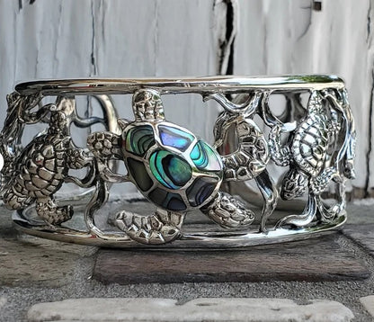 Large Sterling silver turtle cuff bracelet with abalone shell designer jewelry