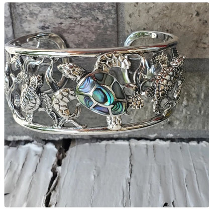 Large Sterling silver turtle cuff bracelet with abalone shell designer jewelry