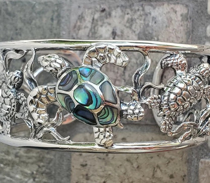 Large Sterling silver turtle cuff bracelet with abalone shell designer jewelry