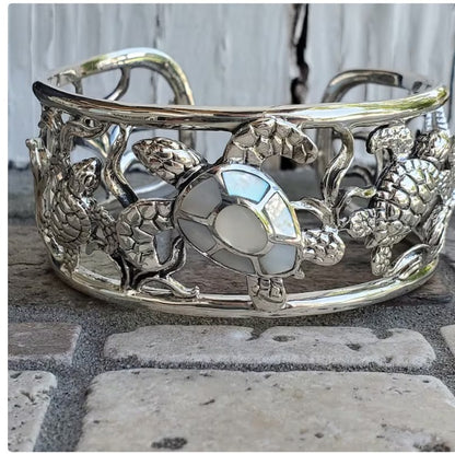 Large Sterling silver turtle cuff bracelet with white mother of pearl shell designer jewelry bold and beautiful