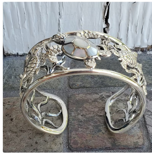 Large Sterling silver turtle cuff bracelet with white mother of pearl shell designer jewelry bold and beautiful