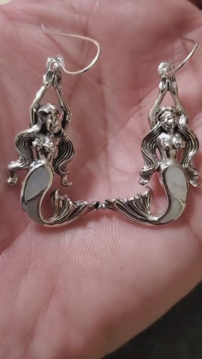 Sterling silver mermaid earrings with mother of pearl shell inlay