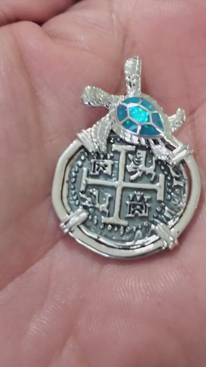 Atocha turtle coin shipwreck treasure pendant with opal inlay